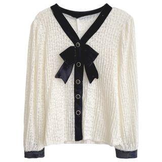 Long-sleeve Contrast Trim Bow Knit Cardigan Almond - One Size