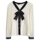 Long-sleeve Contrast Trim Bow Knit Cardigan Almond - One Size