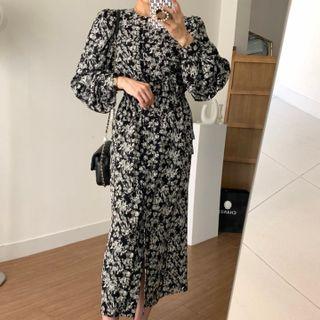 Round-neck Long-sleeve Floral Dress