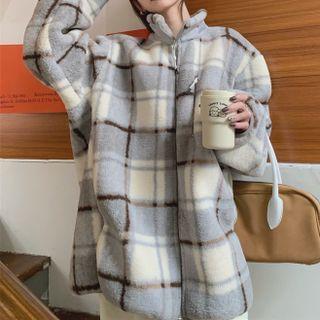 Plaid Zip-up Jacket Plaid - Gray & White - One Size
