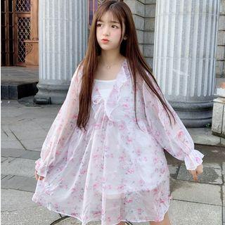 Flounced Floral Long-sleeve Chiffon Dress As Shown In Figure - One Size