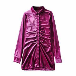 Long-sleeve Shirred Velvet Mini Shirtdress
