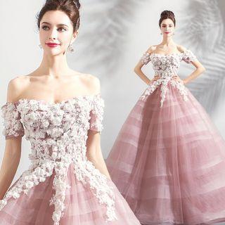 Off-shoulder Flower Accent Evening Ball Gown