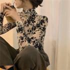 Long-sleeve Floral Mesh Top White - One Size
