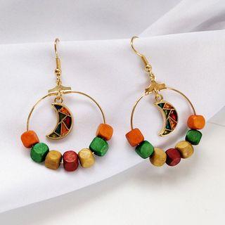 Wooden Bead Alloy Moon Hoop Earring