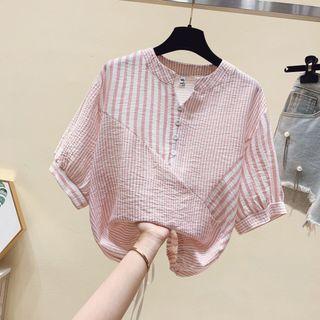 Puff-sleeve Paneled Striped Blouse