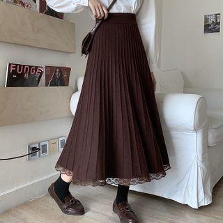 High-waist Lace Trim A-line Knit Maxi Skirt
