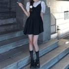 Spaghetti-strap Plain Mini A-line Dress / Short-sleeve Blouse