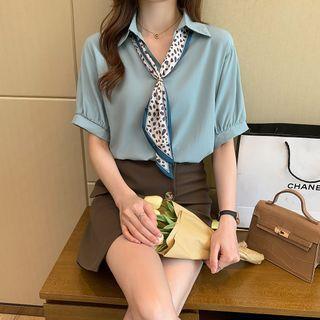 Short-sleeve Tie Neck Chiffon Blouse
