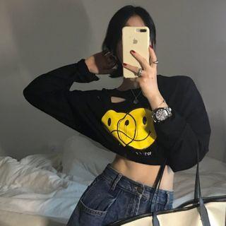 Smiley Face Printed Cutout Long-sleeve Cropped Top