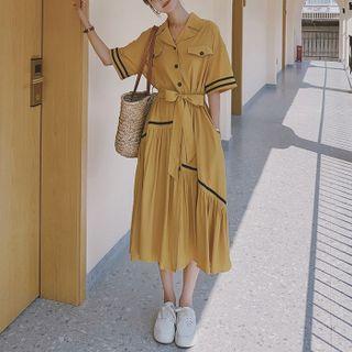 Contrast Trim Single-breasted Lace-up Shirtdress