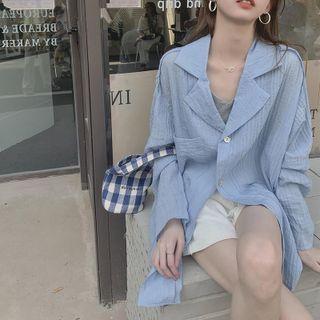 Plain Notch Lapel Shirt Jacket Blue Shirt Jacket - One Size