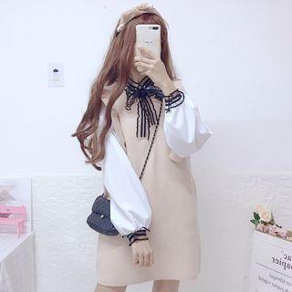 Lantern-sleeve Blouse / Mini Pinafore Knit Dress
