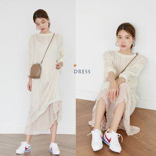 Round Neck Long-sleeve Knit Midi Dress Off-white - One Size