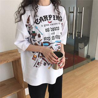Cartoon Lettering Elbow-sleeve T-shirt