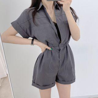 Short Sleeve Drawstring Waist Cargo Romper