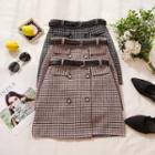 Set: Plaid Double-breasted Mini A-line Skirt + Belt