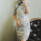 Traditional Chinese Elbow-sleeve Floral-pattern Midi Dress