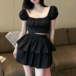 Puff-sleeve Crop Top / Layered Mini A-line Skirt