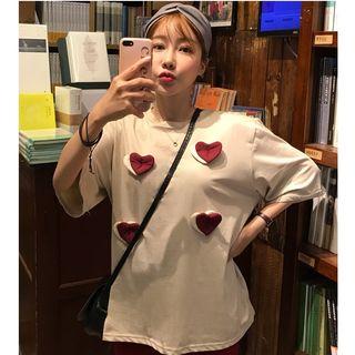 Heart Applique Elbow-sleeve T-shirt