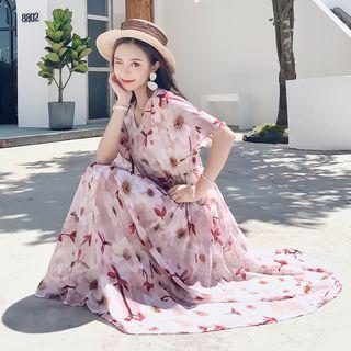 Flower Print Short-sleeve A-line Midi Chiffon Dress