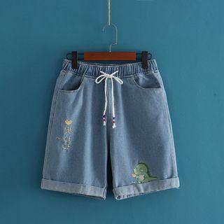 Monster Embroidered Wide Leg Denim Shorts