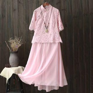 Set: Lace Elbow-sleeve Cheongsam Top + Midi A-line Skirt