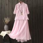 Set: Lace Elbow-sleeve Cheongsam Top + Midi A-line Skirt