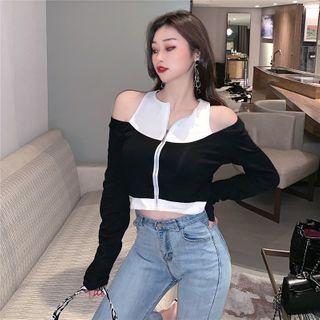 Mock Two-piece Cold Shoulder Top Black - One Size