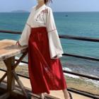 Embroidered Long-sleeve Hanfu Top / Tie-waist A-line Skirt