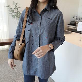 Tab-sleeve Pocket-front Embroidery Shirt (2 Designs)