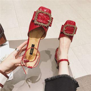 Faux Leather Buckled Square Toe Block Heel Pumps
