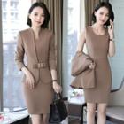 Plain Sleeveless Sheath Dress / Bow Accent Blazer / Dress Pants / Set