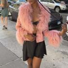 Faux Fur Collar Long Sleeve Button Jacket