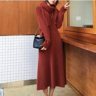 V-neck Midi Sweater Dress With Scarf