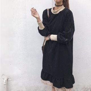 Long-sleeve Lace Underlay Corduroy Dress