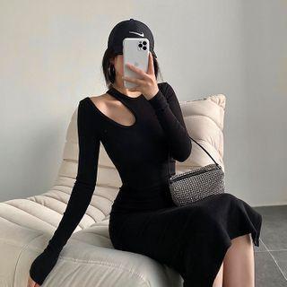 Long-sleeve Cutout Plain Slim-fit Dress