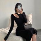 Long-sleeve Cutout Plain Slim-fit Dress