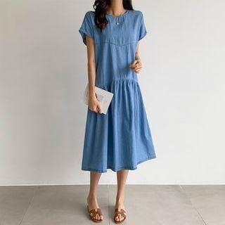 Shirred Flared Denim Midi Dress