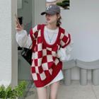 Checkered Sweater Vest Check - Red & White - One Size