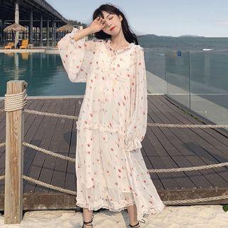 Set: Floral Long-sleeve Midi Chiffon Dress + Slipdress As Shown In Figure - One Size