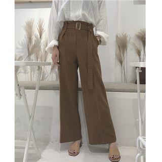 Set: V-neck Long-sleeve Blouse + Pinstripe Wide Leg Pants