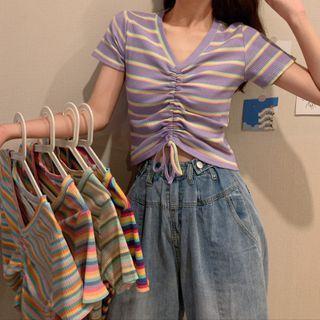 Striped Drawstring V-neck Crop Top