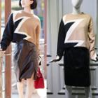 Color-block Sweater / Faux-leather Skirt