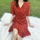 Floral Print Ruffle-trim Chiffon Dress Red - One Size
