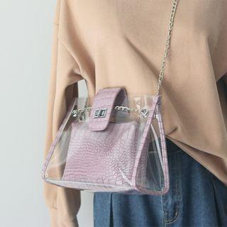 Set: Transparent Crossbody Bag + Faux Croc Grain Pouch
