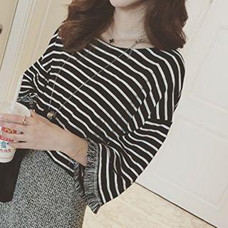 Round-neck Striped Fringed T-shirt