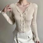 Long-sleeve V-neck Lace Trim Knit Top