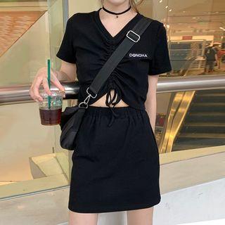 Set: Short-sleeve Drawstring Cropped T-shirt + Mini A-line Skirt