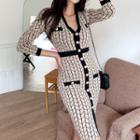 3/4-sleeve Pattern Knit Sheath Dress Almond - One Size